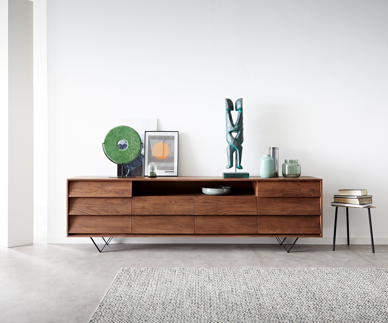 Buffet Eloi 240x40 cm acacia brun 2 portes 6 tiroirs pied en V noir 1